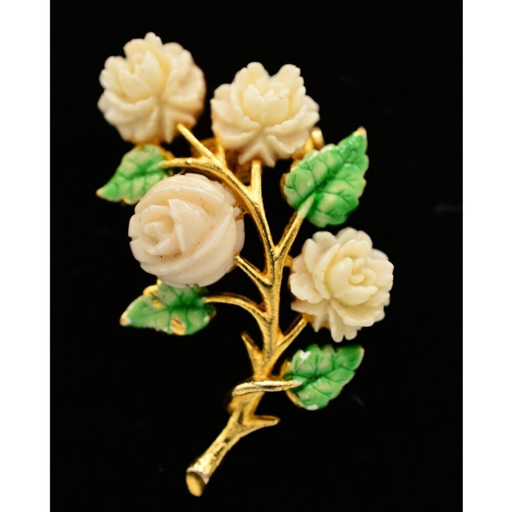 JJ Vintage Flower Pin Brooch White Roses Green Mother's Day Gold Signed BinAH